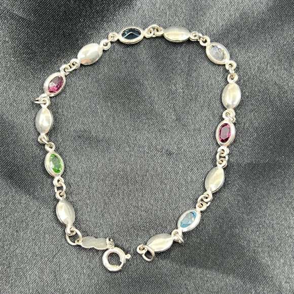 Vintage Italian Sterling Silver And Multicolor Stone Link Bracelet 7 1/4" - Picture 2 of 10